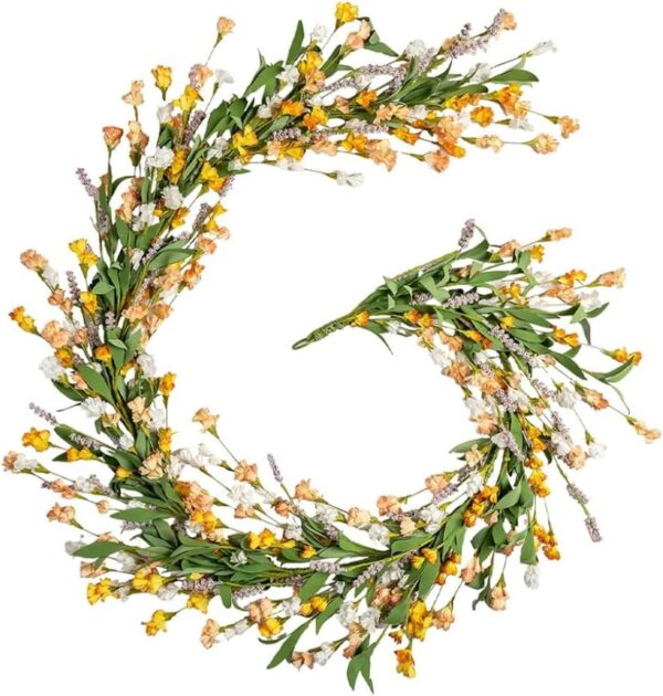 RECUTMS Guirnalda floral de primavera de 65 pulgadas con hojas verdes, hiedra de jazmín de invierno para puerta delantera, hogar, pared, balcón, jardín, arco, chimenea, telón de fondo (amarillo)