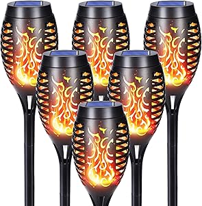 Luces Solares LED Exterior Jardin - 6 Pack 12 LED Antorchas con Llamas Realistas, IP65 Impermeable para Jardín, Patio, Pasillo, Césped y Camino
