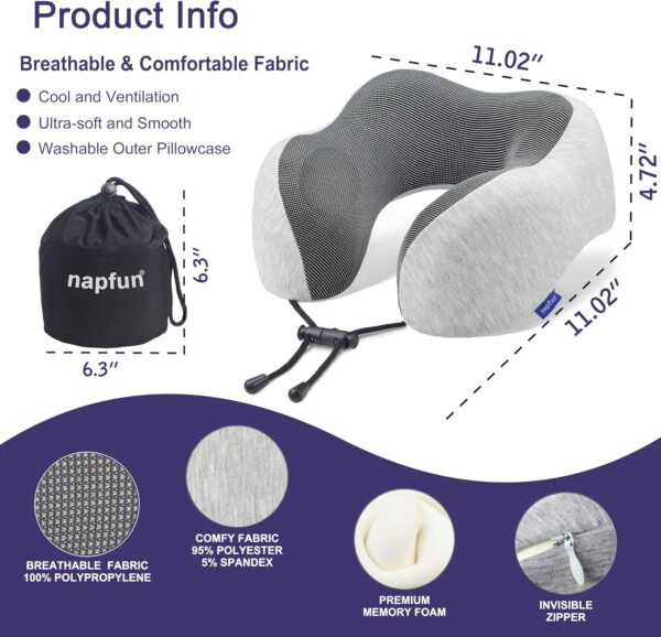 NapFun - Almohada de cuello para viajes, mejorada para viajar por avión 100% espuma viscoelástica para dormir y descansar durante los vuelos, accesorios portátiles para el avión en gris claro