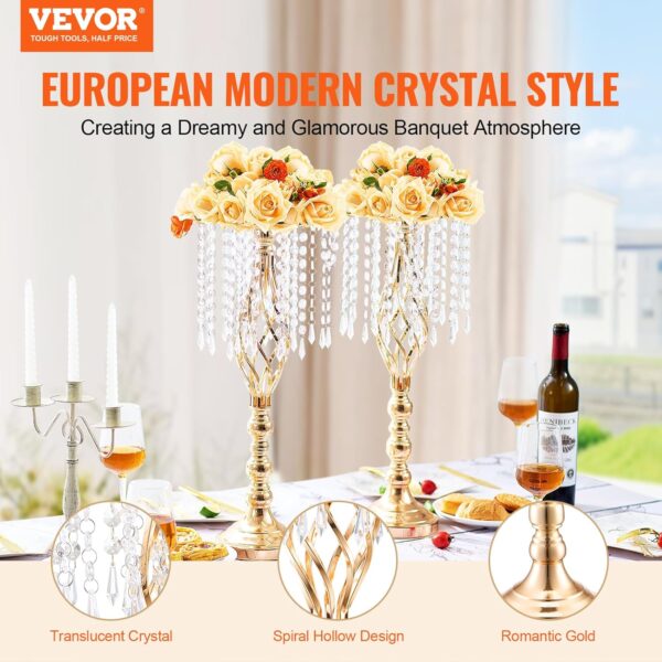 VEVOR Centro de mesa de boda de metal dorado, cristal, 2 piezas 55cm/21.65"