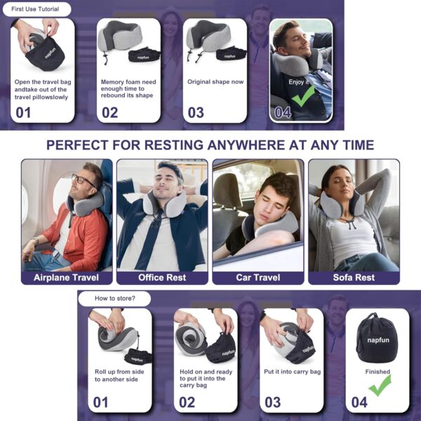NapFun - Almohada de cuello para viajes, mejorada para viajar por avión 100% espuma viscoelástica para dormir y descansar durante los vuelos, accesorios portátiles para el avión en gris claro