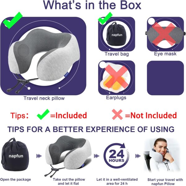 NapFun - Almohada de cuello para viajes, mejorada para viajar por avión 100% espuma viscoelástica para dormir y descansar durante los vuelos, accesorios portátiles para el avión en gris claro
