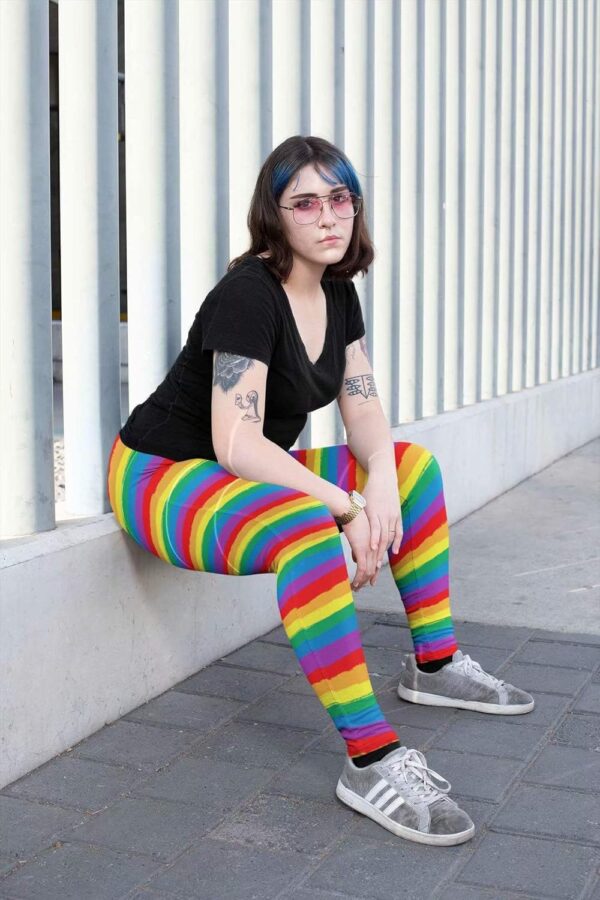 sissycos Leggings de los años 80 para mujer, pantalones elásticos con estampado de rayas arcoíris suaves