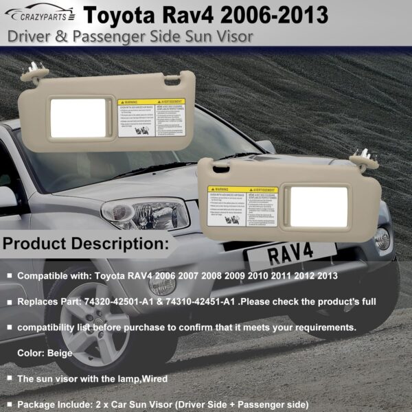 Reemplazo de visera solar para lado izquierdo y pasajero con Toyota RAV4 2006 2007 2008 2009 2010 2011 2012 2013 con luz de repuesto 74320-42501-A1 y 74310-42451-A1 beige