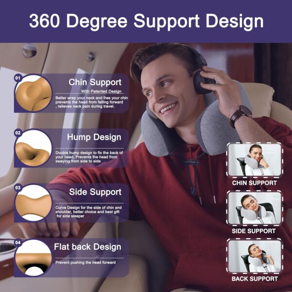 NapFun - Almohada de cuello para viajes, mejorada para viajar por avión 100% espuma viscoelástica para dormir y descansar durante los vuelos, accesorios portátiles para el avión en gris claro