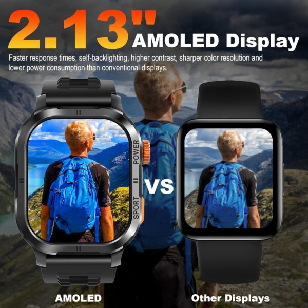 Reloj inteligente militar para hombre (respuesta/hacer llamadas), reloj inteligente AMOLED de 2.13 pulgadas para Android e iOS, reloj de fitness impermeable 5ATM con más de 123 modos