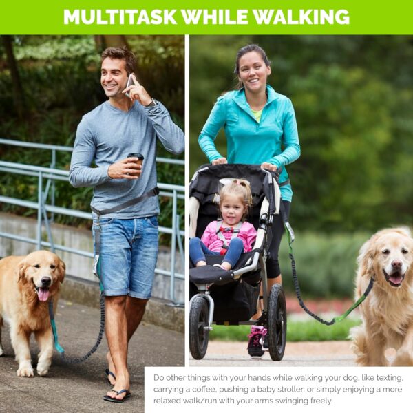 Correa de perro Tuff Mutt con manos libres para correr, caminar, hacer senderismo. Correa elástica duradera de doble asa de 4 pies de largo con costuras reflectantes, cinturón ajustable que se adapta a una cintura de 42 pulgadas.