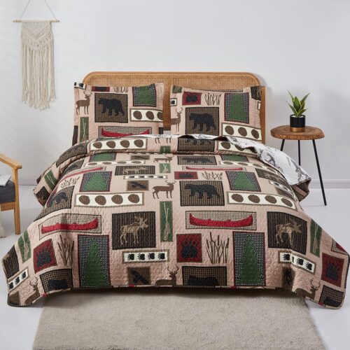 Hailea Juego de ropa de cama rústica con estampado de animales, acogedor y clásico, ligero, reversible, alce, oso, cubrecama para todas las estaciones, decoración de ropa de cama de bosque de campo (tamaño queen)