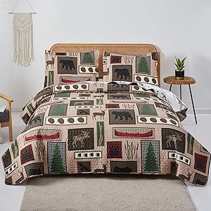 Hailea Juego de ropa de cama rústica con estampado de animales, acogedor y clásico, ligero, reversible, alce, oso, cubrecama para todas las estaciones, decoración de ropa de cama de bosque de campo (tamaño queen)