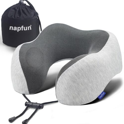 NapFun - Almohada de cuello para viajes, mejorada para viajar por avión 100% espuma viscoelástica para dormir y descansar durante los vuelos, accesorios portátiles para el avión en gris claro