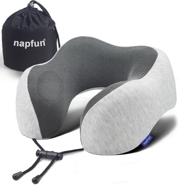 NapFun - Almohada de cuello para viajes, mejorada para viajar por avión 100% espuma viscoelástica para dormir y descansar durante los vuelos, accesorios portátiles para el avión en gris claro