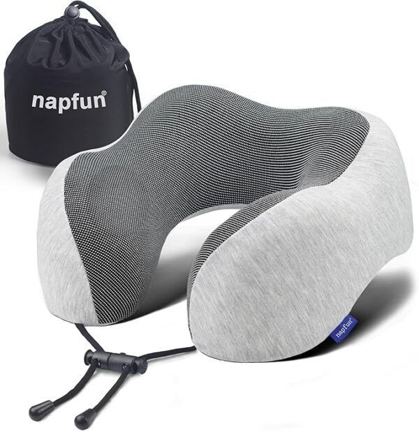 NapFun - Almohada de cuello para viajes, mejorada para viajar por avión 100% espuma viscoelástica para dormir y descansar durante los vuelos, accesorios portátiles para el avión en gris claro