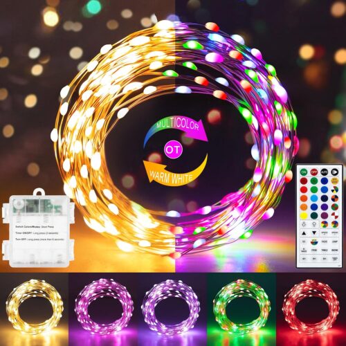 echosari Luces de hadas que funcionan con pilas, 100 LED de 33 pies, 150 modos de escena, luces parpadeantes de alambre plateado con temporizador remoto para dormitorio, árboles, decoración de jardín