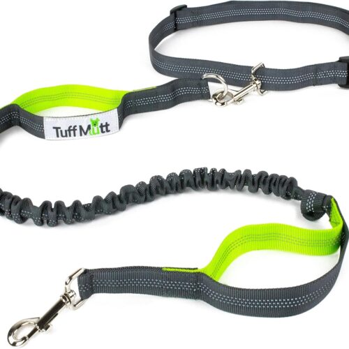 Correa de perro Tuff Mutt con manos libres para correr, caminar, hacer senderismo. Correa elástica duradera de doble asa de 4 pies de largo con costuras reflectantes, cinturón ajustable que se adapta a una cintura de 42 pulgadas.