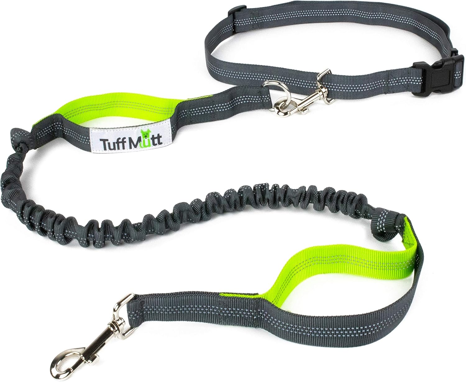 Correa de perro Tuff Mutt con manos libres para correr, caminar, hacer senderismo. Correa elástica duradera de doble asa de 4 pies de largo con costuras reflectantes, cinturón ajustable que se adapta a una cintura de 42 pulgadas.