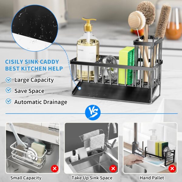 Cisily Organizador para fregadero de cocina con soporte alto para cepillos, soporte de esponja para fregadero, 304 inoxidable inoxidable, dispensador de jabón para encimera de cocina, decoración de