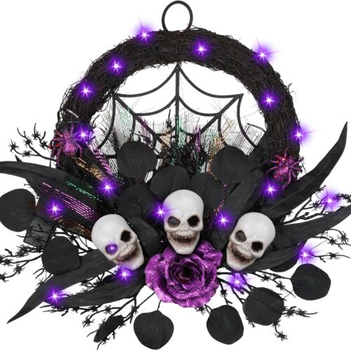 Vlorart Coronas de Halloween para puerta delantera con luces, corona negra con hojas de eucalipto, rosa, calavera y araña, corona iluminada para puerta delantera para pared de fiesta de Halloween para