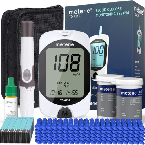 Metene TD-4116 Kit de monitor de glucosa en sangre, 100 tiras de glucómetro, 100 lancetas, 1 monitor de azúcar en sangre, kit de prueba de azúcar en sangre con solución de control, dispositivo de
