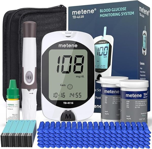 Metene TD-4116 Kit de monitor de glucosa en sangre, 100 tiras de glucómetro, 100 lancetas, 1 monitor de azúcar en sangre, kit de prueba de azúcar en sangre con solución de control, dispositivo de