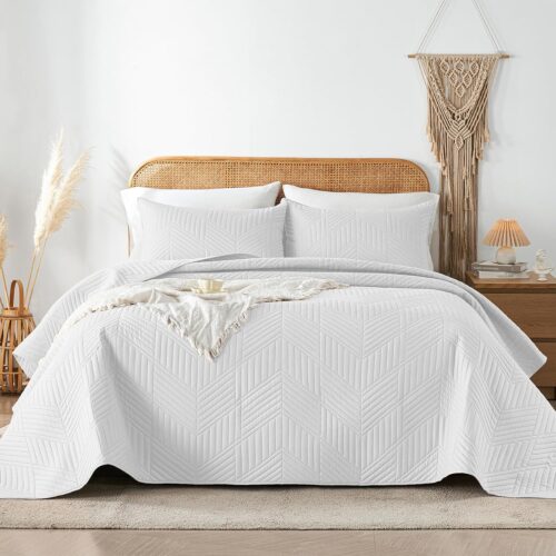 Juego de ropa de cama tamaño Queen, juego de edredón ultrasónico blanco de microfibra reversible, ligero, suave, moderno, geométrico, para todas las estaciones (1 edredón, 2 fundas de