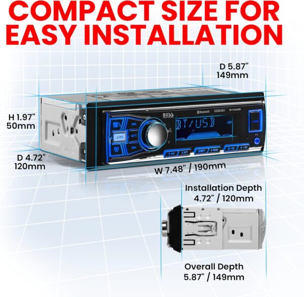 Boss Audio Systems 611UAB - Estéreo multimedia para auto - Un solo Din, audio Bluetooth y llamadas manos libres, micrófono incorporado, reproductor de MP3, puerto USB, entrada Aux, receptor de radio AM FM, - sin reproductor de CD DVD