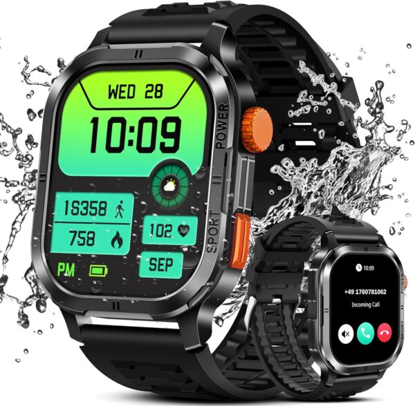 Reloj inteligente militar para hombre (respuesta/hacer llamadas), reloj inteligente AMOLED de 2.13 pulgadas para Android e iOS, reloj de fitness impermeable 5ATM con más de 123 modos