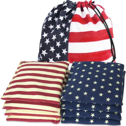 Nattork Juego de 8 bolsas de cornhole para lanzar, resistentes a todo tipo de clima, 8 bolsas de tela de pato de doble costura y bolsas de mano, tamaño reglamentario (estrella vintage y rayas)