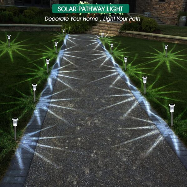 Luces solares para exteriores, paquete de 15 luces solares impermeables de acero inoxidable para camino, jardín, patio, camino, entrada, césped, patio, decoración exterior, color blanco frío