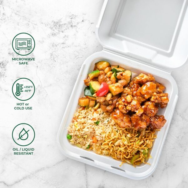 Freshware Recipientes compostables para alimentos con cubierta de almeja [paquete de 50 unidades de 8 x 8 pulgadas), contenedores desechables para llevar, cajas biodegradables de caña de azúcar para