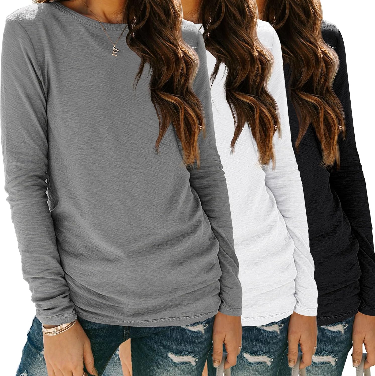 SUNBS Paquete de 3 camisas de manga larga para mujer, ajuste holgado, camisetas de otoño, ropa de moda, camisetas básicas de cuello redondo 2025