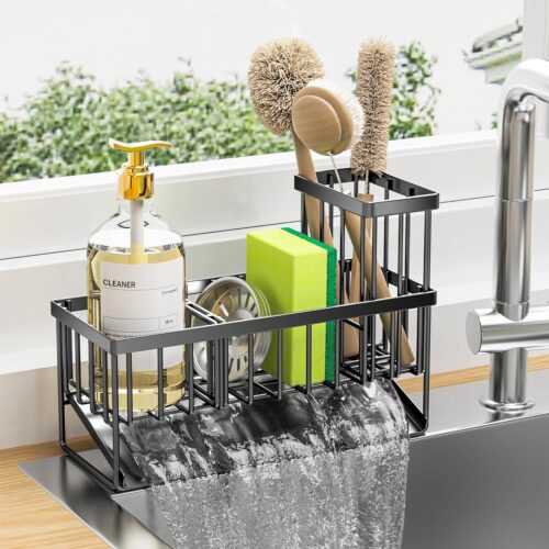 Cisily Organizador para fregadero de cocina con soporte alto para cepillos, soporte de esponja para fregadero, 304 inoxidable inoxidable, dispensador de jabón para encimera de cocina, decoración de