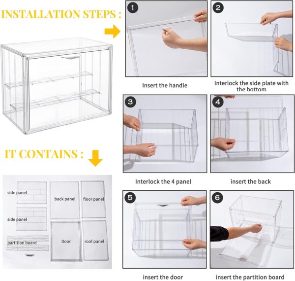 Attelite Vitrina de acrílico transparente, estante de exhibición de 3 niveles con 2 placas móviles, escaparate de protección apilable para figuras de acción, caja de almacenamiento para encimera con