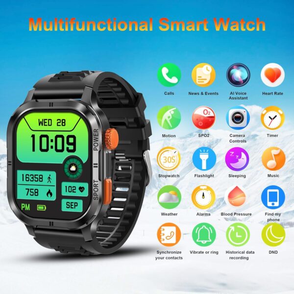 Reloj inteligente militar para hombre (respuesta/hacer llamadas), reloj inteligente AMOLED de 2.13 pulgadas para Android e iOS, reloj de fitness impermeable 5ATM con más de 123 modos