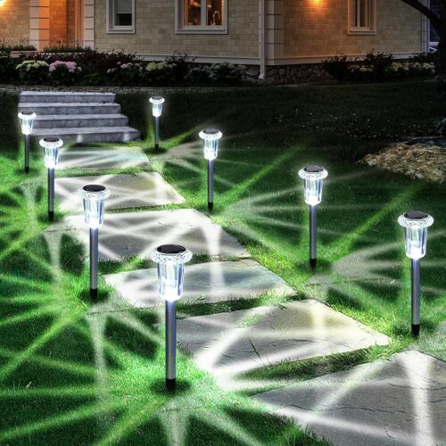 Luces solares para exteriores, paquete de 15 luces solares impermeables de acero inoxidable para camino, jardín, patio, camino, entrada, césped, patio, decoración exterior, color blanco frío