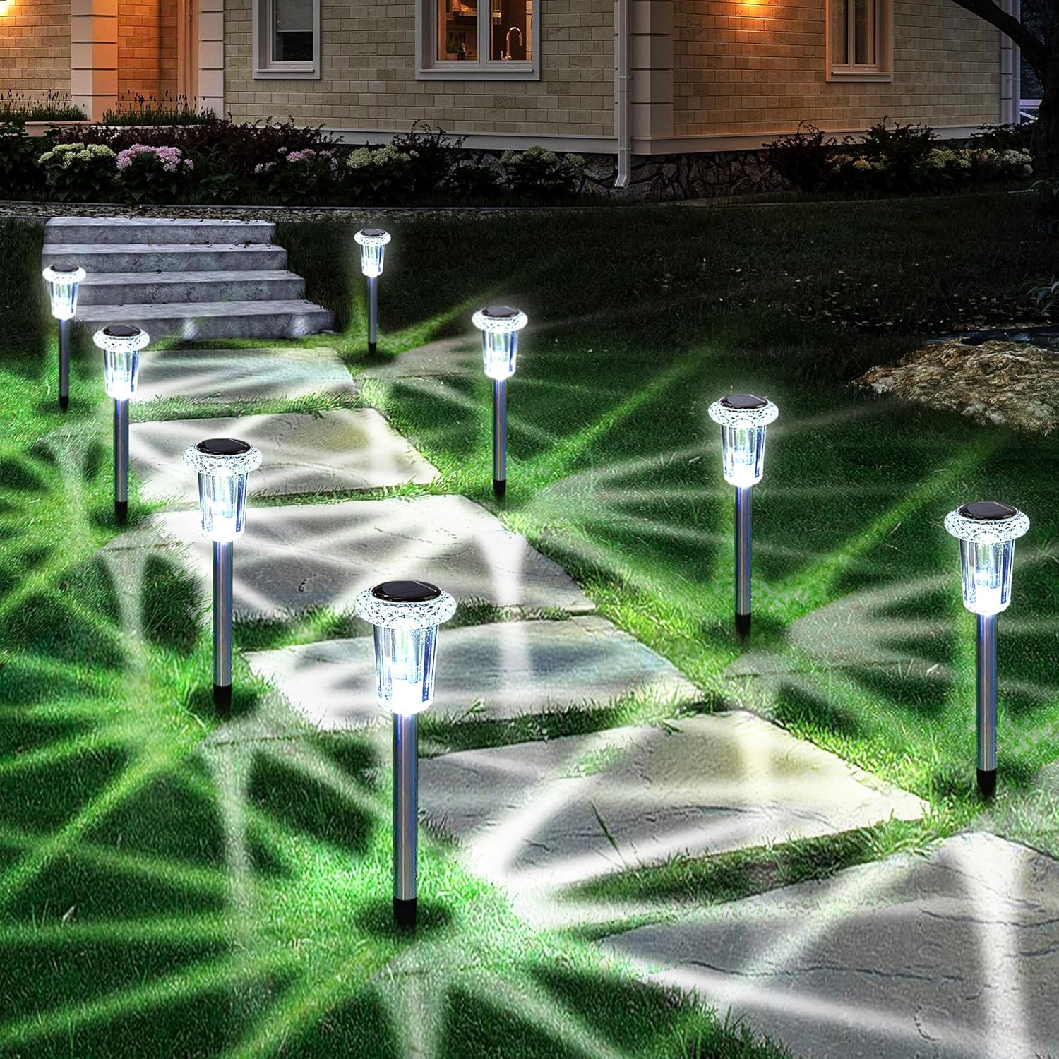 Luces solares para exteriores, paquete de 15 luces solares impermeables de acero inoxidable para camino, jardín, patio, camino, entrada, césped, patio, decoración exterior, color blanco frío