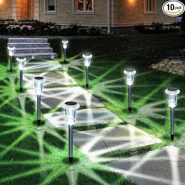 Luces solares para exteriores, paquete de 15 luces solares impermeables de acero inoxidable para camino, jardín, patio, camino, entrada, césped, patio, decoración exterior, color blanco frío