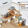 HYNAWIN Estante esquinero de bambú y metal de 3 niveles para almacenamiento de especias, estantería de ahorro de espacio con ganchos, estante de exhibición ajustable para decoración creativa del hogar