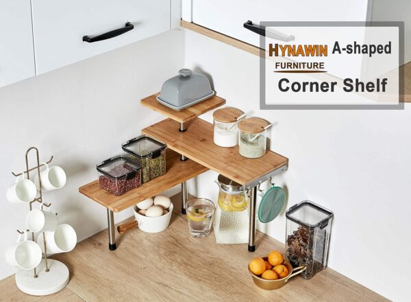 HYNAWIN Estante esquinero de bambú y metal de 3 niveles para almacenamiento de especias, estantería de ahorro de espacio con ganchos, estante de exhibición ajustable para decoración creativa del hogar