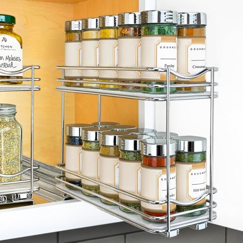 LYNK PROFESSIONAL® - Organizador extraíble de especias para armario, 4-1/4 pulgadas de ancho, estante deslizante, organizador de especias, 2 niveles, cromado