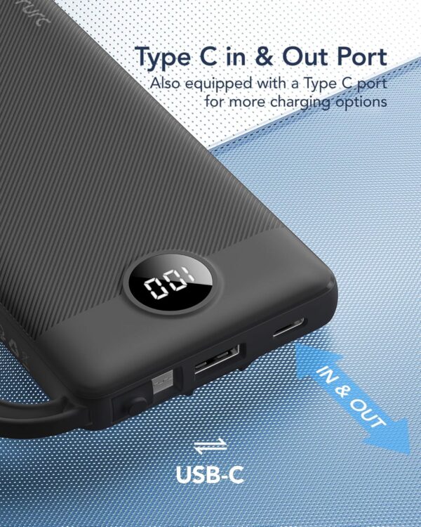 VRURC Cargador portátil con cables integrados, cargador de batería externa de 10000 mAh de viaje Essentials, 5 salidas y 2 entradas, pantalla LED externa, compatible con iPhone, Samsung, Android,