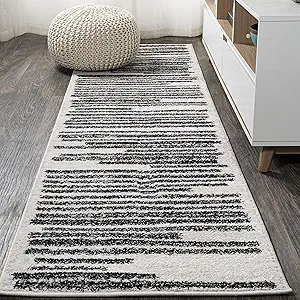 JONATHAN Y MOH207A-28 Khalil - Alfombra moderna a rayas bereberes para interiores, estilo granja, bohemio, minimalista, a rayas, fácil de limpiar, para dormitorio, cocina, sala de estar, no se